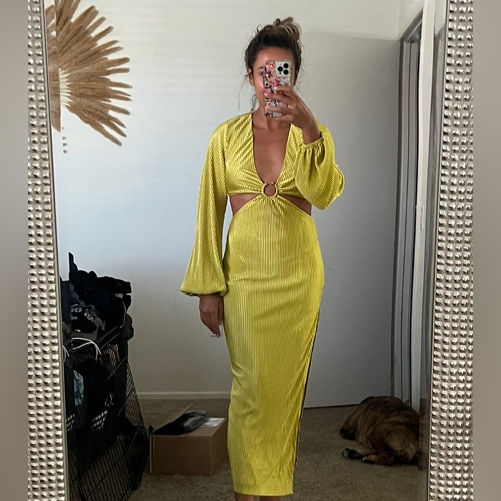 Stunning Yellow maxi , silk cut out dress with puff cuff sleeves.